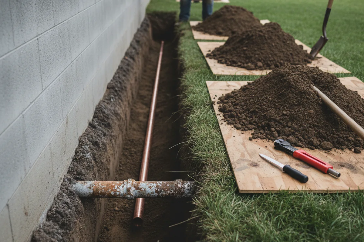 Excavated water line trench during Sewer Line Repair in Ty Ty